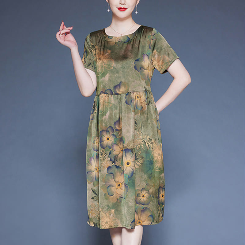 Buddha Stones Flowers Leaves Short Sleeve Midi Dress With Pockets