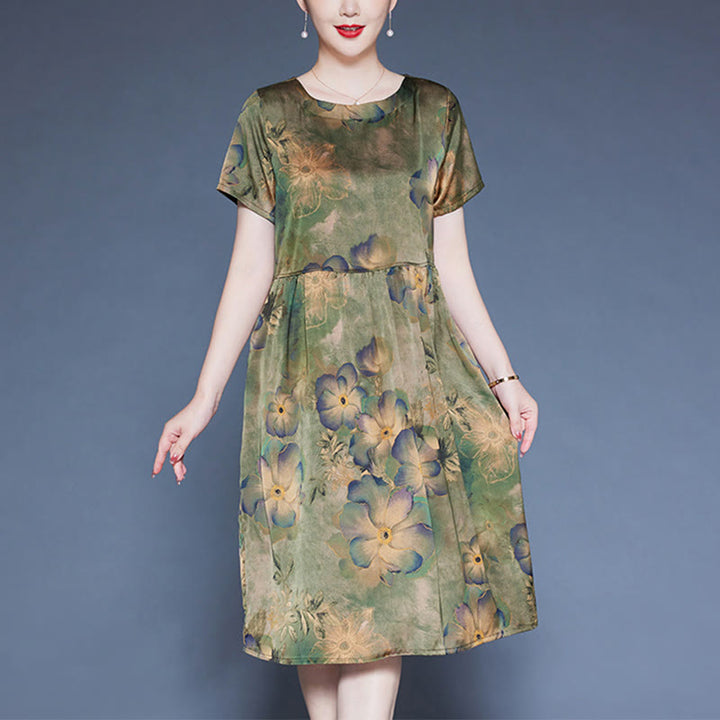 Buddha Stones Flowers Leaves Short Sleeve Midi Dress With Pockets