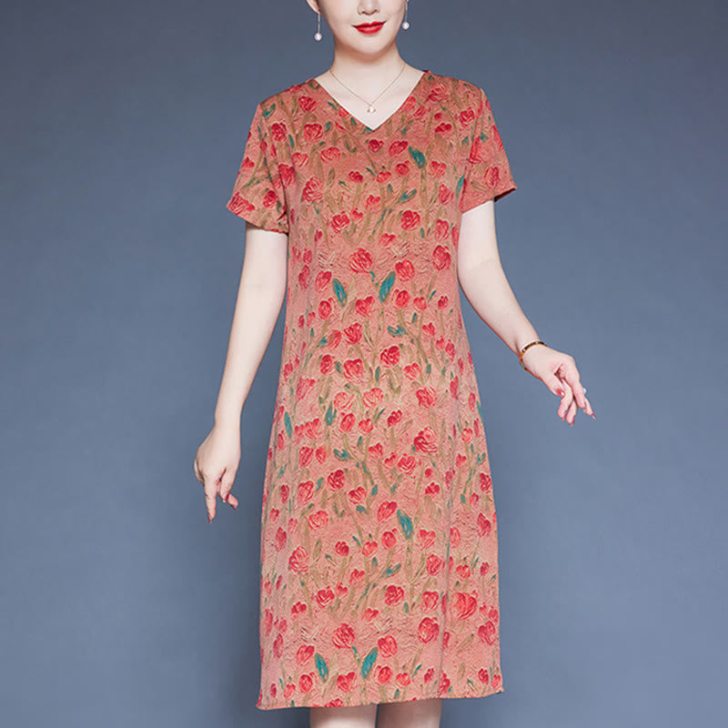 Buddha Stones V-Neck Tulip Flowers Short Sleeve Midi Dress With Pockets