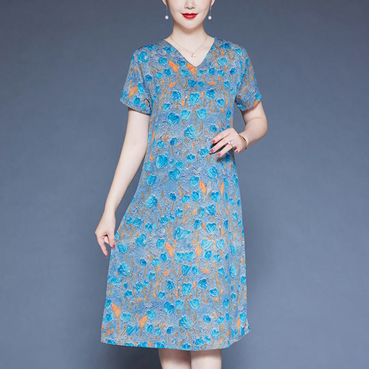 Buddha Stones V-Neck Tulip Flowers Short Sleeve Midi Dress With Pockets