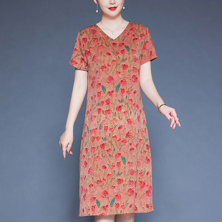 Buddha Stones V-Neck Tulip Flowers Short Sleeve Midi Dress With Pockets