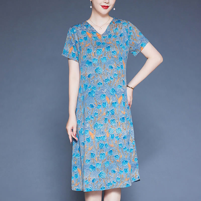 Buddha Stones V-Neck Tulip Flowers Short Sleeve Midi Dress With Pockets