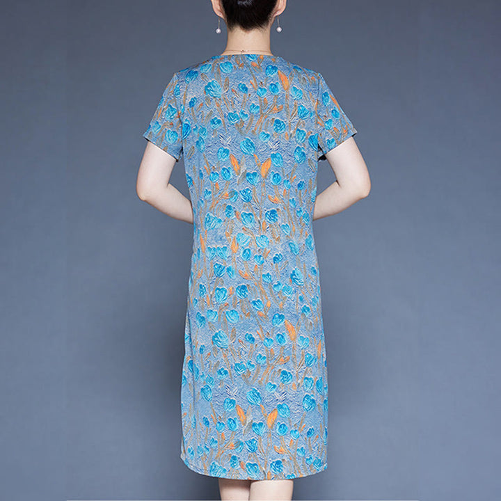 Buddha Stones V-Neck Tulip Flowers Short Sleeve Midi Dress With Pockets