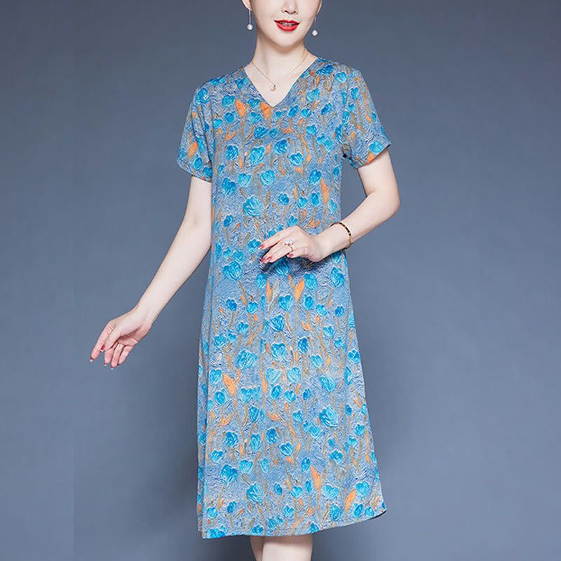 Buddha Stones V-Neck Tulip Flowers Short Sleeve Midi Dress With Pockets