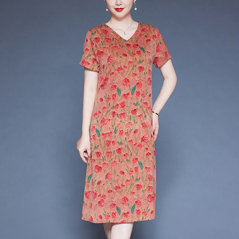 Buddha Stones V-Neck Tulip Flowers Short Sleeve Midi Dress With Pockets