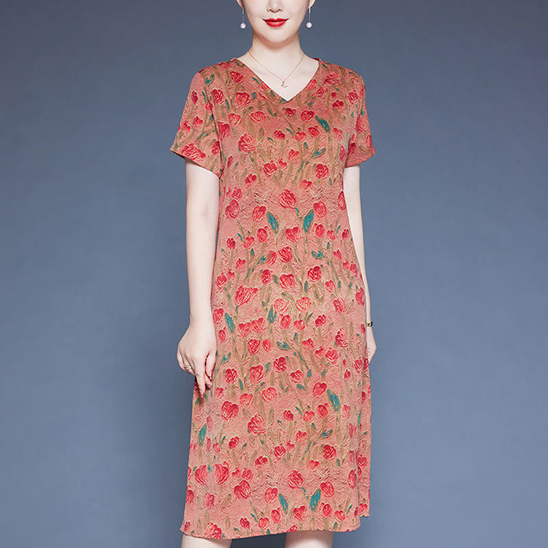 Buddha Stones V-Neck Tulip Flowers Short Sleeve Midi Dress With Pockets