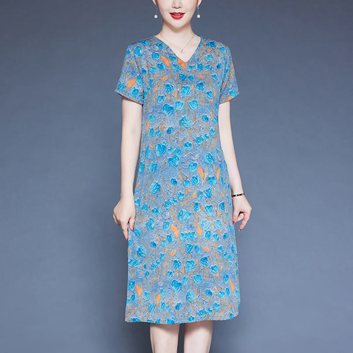 Buddha Stones V-Neck Tulip Flowers Short Sleeve Midi Dress With Pockets