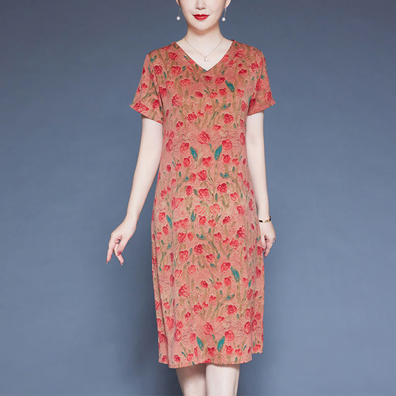 Buddha Stones V-Neck Tulip Flowers Short Sleeve Midi Dress With Pockets