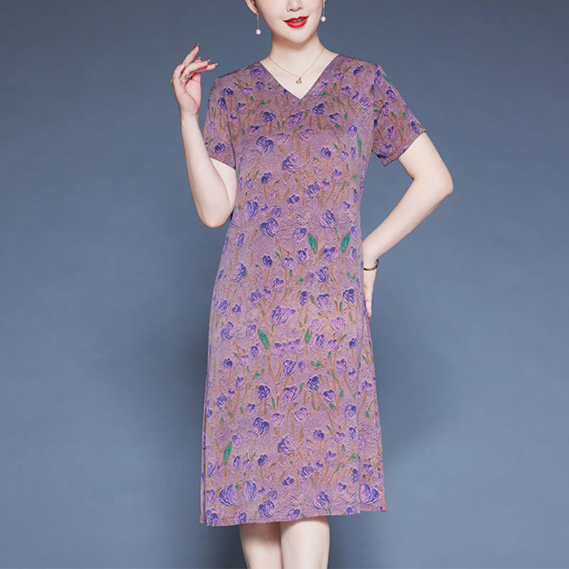 Buddha Stones V-Neck Tulip Flowers Short Sleeve Midi Dress With Pockets