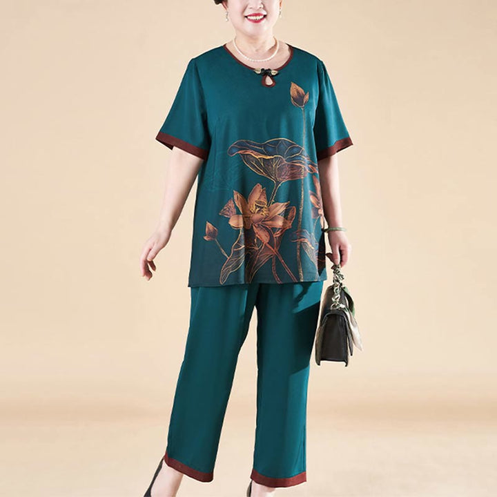 Buddha Stones Plus Size 2Pcs Lotus Flower Leaf Loose Tee T-shirt Wide Leg Pants Set