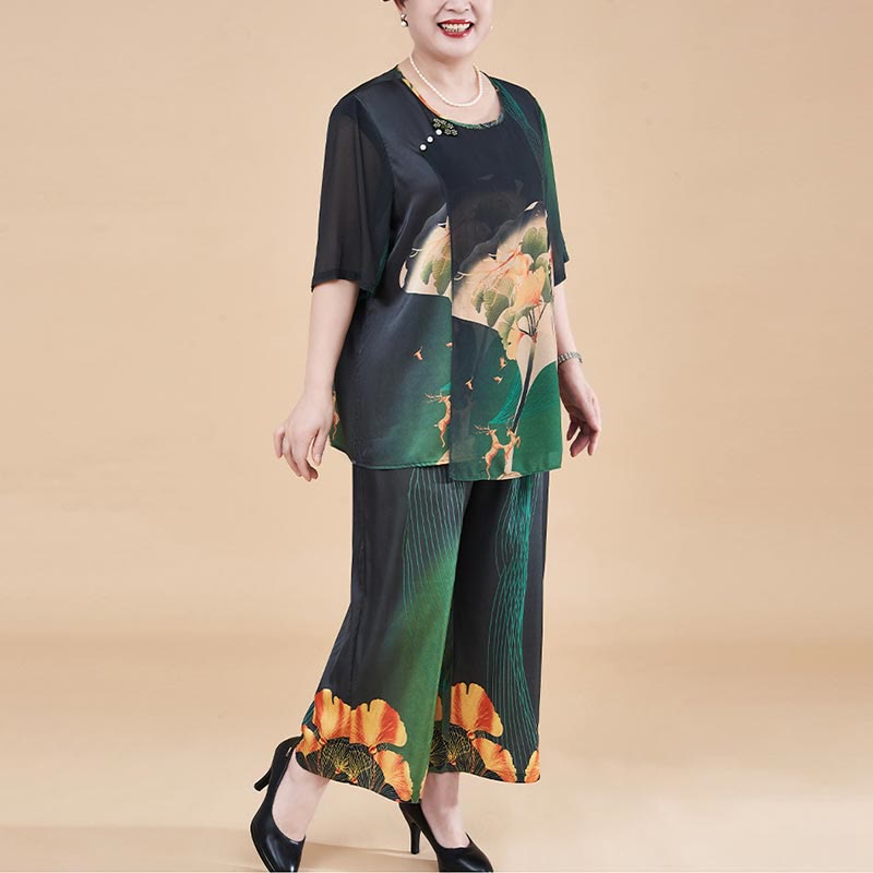 Buddha Stones Plus Size 2Pcs Yellow Green Ginkgo Leaves Loose Tee T-shirt Wide Leg Pants Set