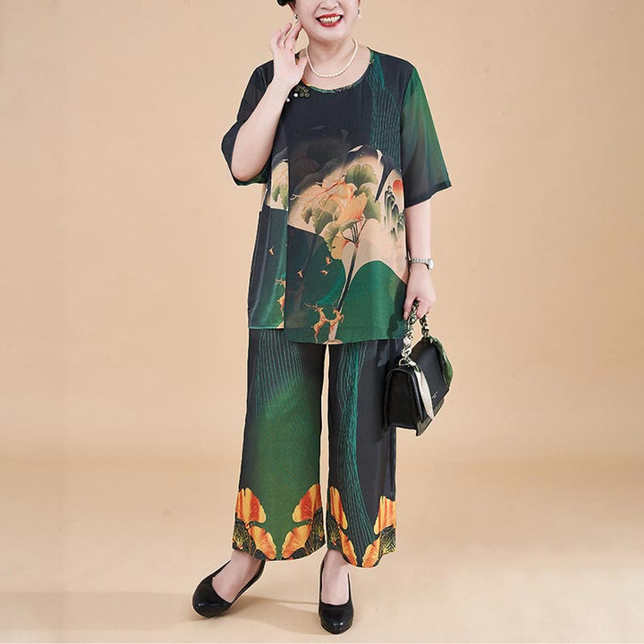 Buddha Stones Plus Size 2Pcs Yellow Green Ginkgo Leaves Loose Tee T-shirt Wide Leg Pants Set