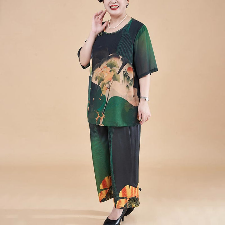 Buddha Stones Plus Size 2Pcs Yellow Green Ginkgo Leaves Loose Tee T-shirt Wide Leg Pants Set