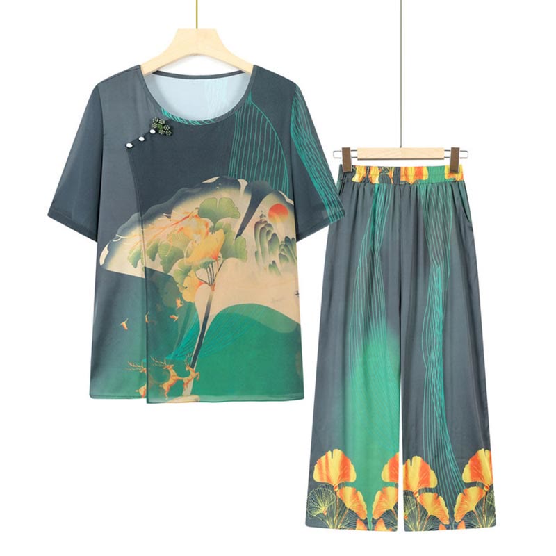 Buddha Stones Plus Size 2Pcs Yellow Green Ginkgo Leaves Loose Tee T-shirt Wide Leg Pants Set