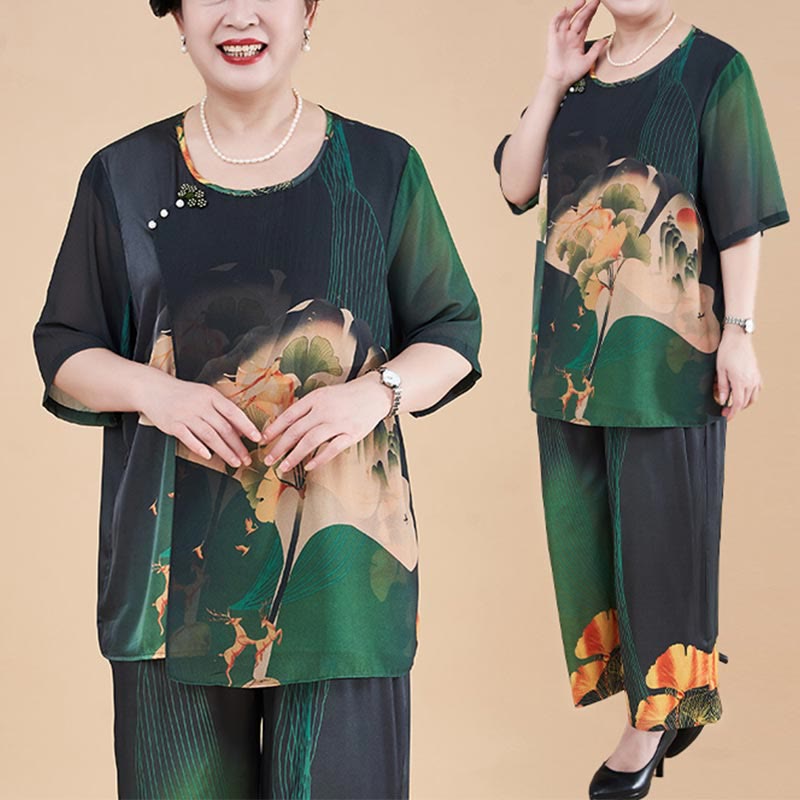 Buddha Stones Plus Size 2Pcs Yellow Green Ginkgo Leaves Loose Tee T-shirt Wide Leg Pants Set