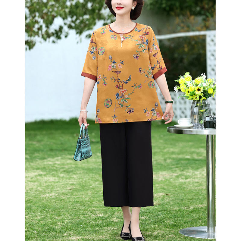 Buddha Stones Plus Size 2Pcs Pink Flowers Leaves Pattern Loose Tee T-shirt Wide Leg Pants Set