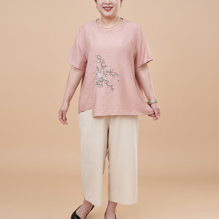 Buddha Stones Plus Size 2Pcs Pink Flower Butterfly Embroidery Tee T-shirt Wide Leg Pants Set