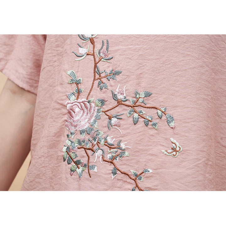 Buddha Stones Plus Size 2Pcs Pink Flower Butterfly Embroidery Tee T-shirt Wide Leg Pants Set