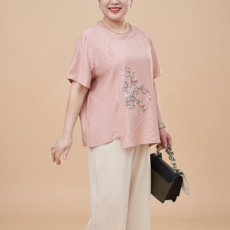 Buddha Stones Plus Size 2Pcs Pink Flower Butterfly Embroidery Tee T-shirt Wide Leg Pants Set