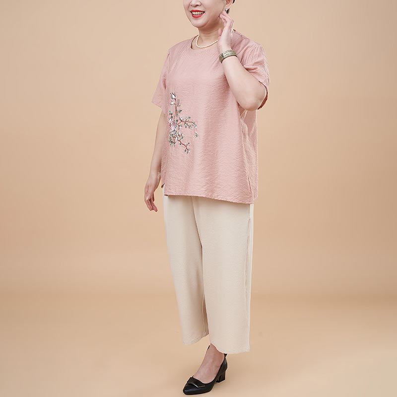 Buddha Stones Plus Size 2Pcs Pink Flower Butterfly Embroidery Tee T-shirt Wide Leg Pants Set