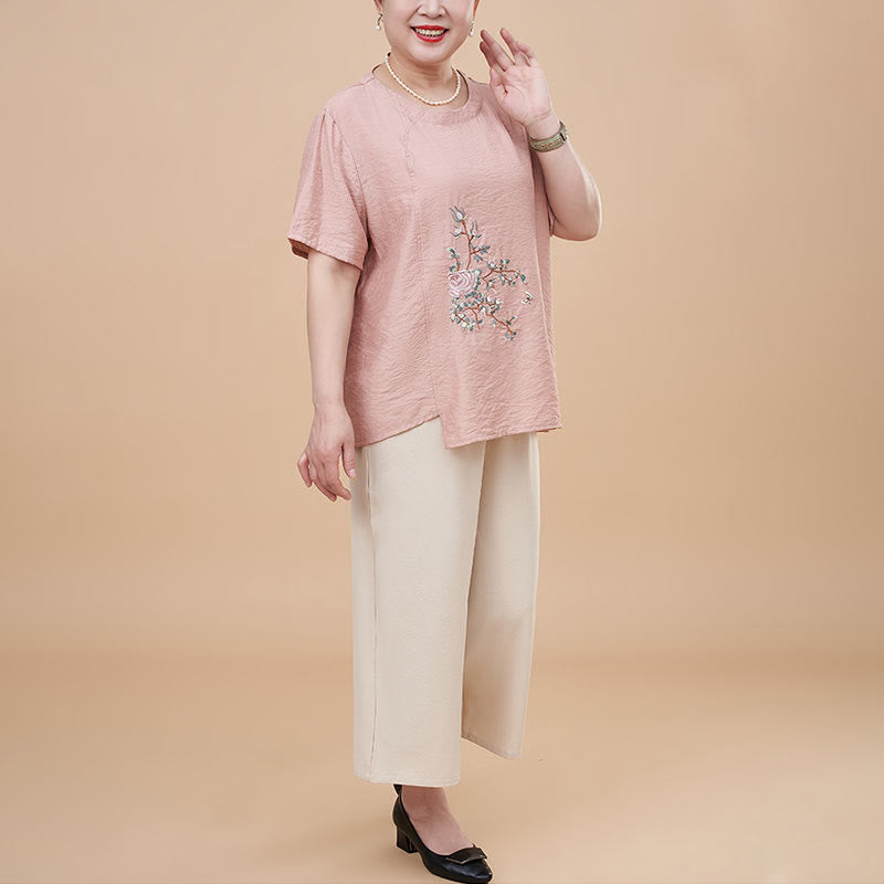 Buddha Stones Plus Size 2Pcs Pink Flower Butterfly Embroidery Tee T-shirt Wide Leg Pants Set