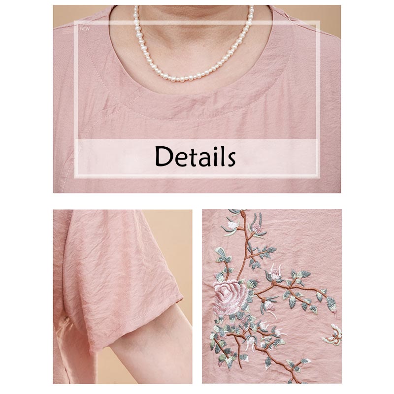 Buddha Stones Plus Size 2Pcs Pink Flower Butterfly Embroidery Tee T-shirt Wide Leg Pants Set