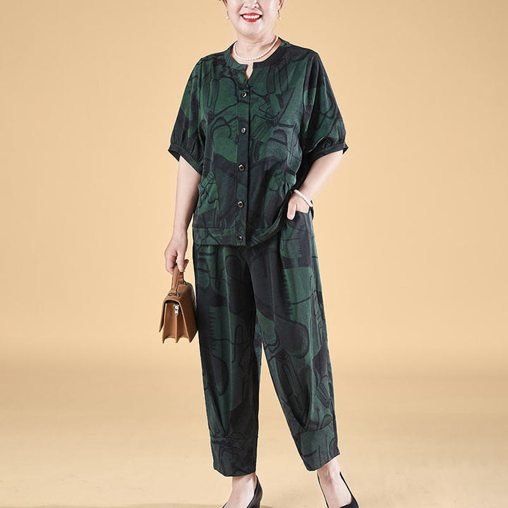 Buddha Stones Plus Size 2Pcs Geometric Lines Loose Short Sleeve Button Shirt Wide Leg Pants Set