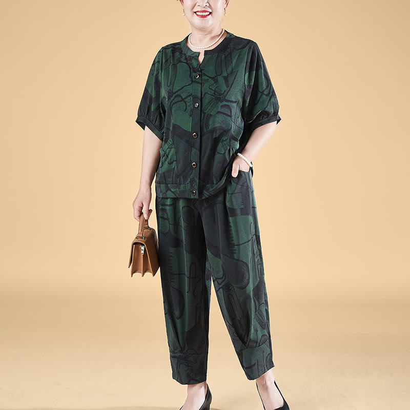 Buddha Stones Plus Size 2Pcs Geometric Lines Loose Short Sleeve Button Shirt Wide Leg Pants Set