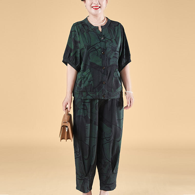 Buddha Stones Plus Size 2Pcs Geometric Lines Loose Short Sleeve Button Shirt Wide Leg Pants Set