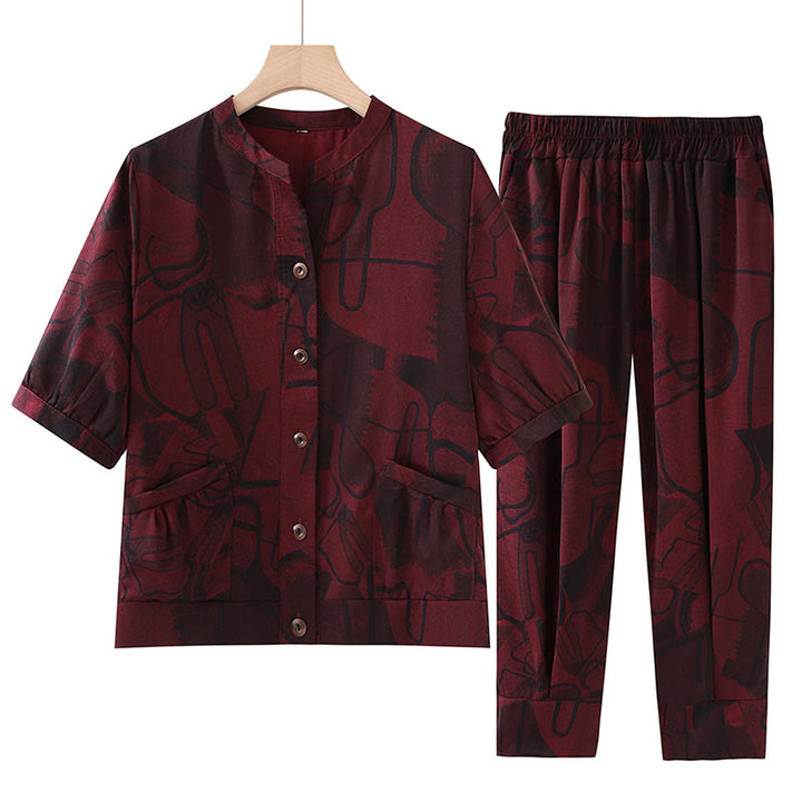 Buddha Stones Plus Size 2Pcs Geometric Lines Loose Short Sleeve Button Shirt Wide Leg Pants Set