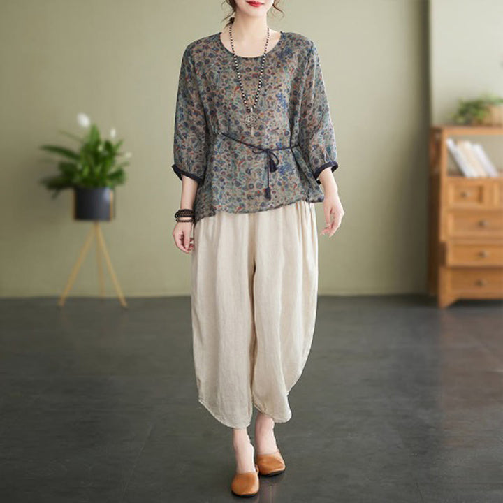 Buddha Stones 2Pcs Small Flower Tee T-shirt Cotton Linen Harem Pants Set