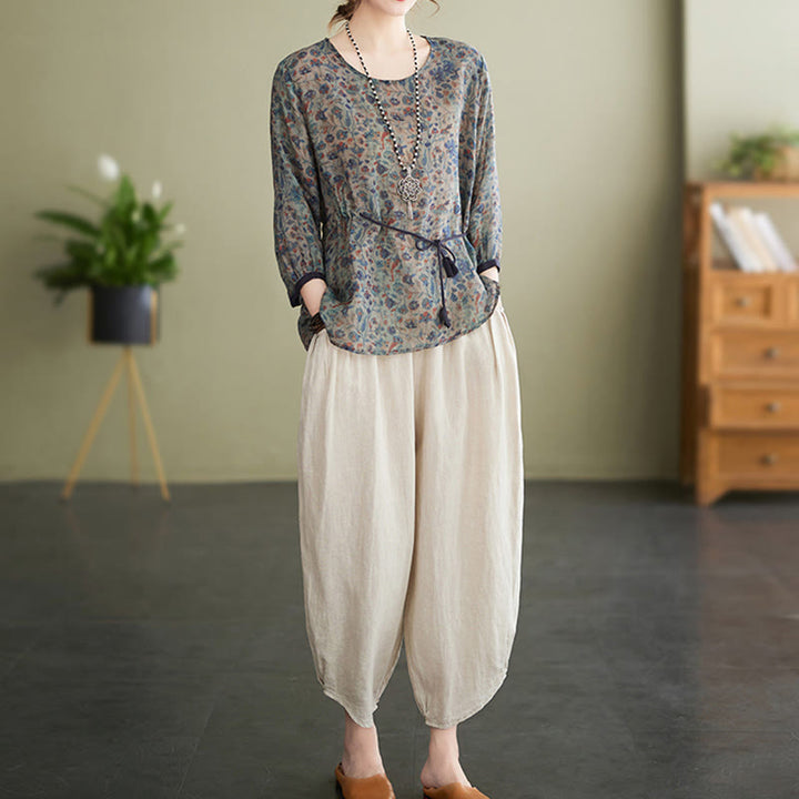 Buddha Stones 2Pcs Small Flower Tee T-shirt Cotton Linen Harem Pants Set