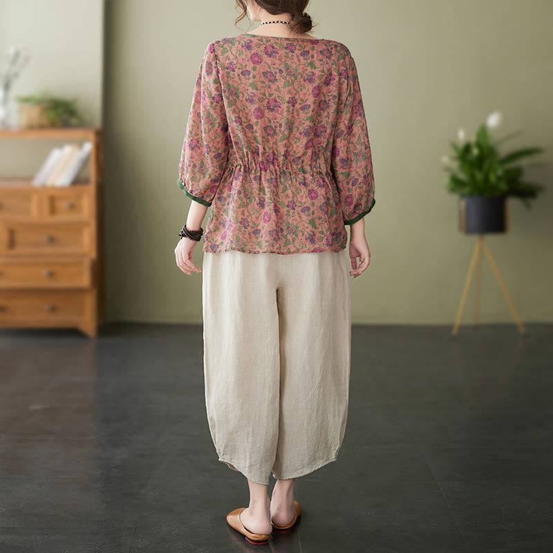 Buddha Stones 2Pcs Small Flower Tee T-shirt Cotton Linen Harem Pants Set