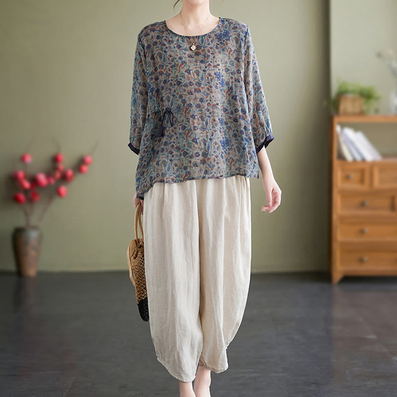 Buddha Stones 2Pcs Small Flower Tee T-shirt Cotton Linen Harem Pants Set