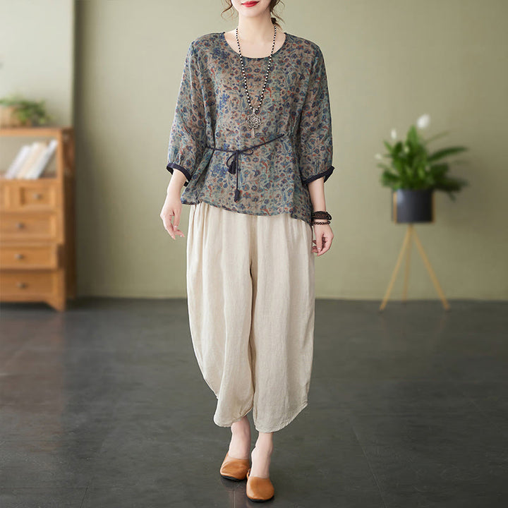 Buddha Stones 2Pcs Small Flower Tee T-shirt Cotton Linen Harem Pants Set