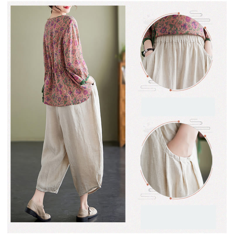 Buddha Stones 2Pcs Small Flower Tee T-shirt Cotton Linen Harem Pants Set