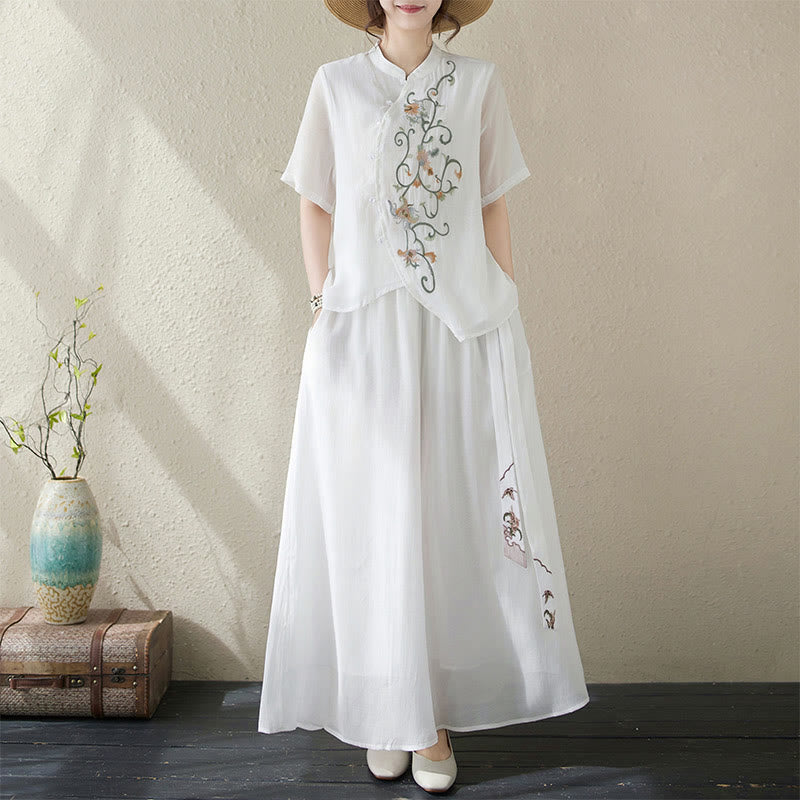 Buddha Stones 2Pcs Flower Embroidery Short Sleeve Tee T-shirt Wide Leg Pants Set