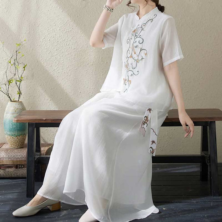 Buddha Stones 2Pcs Flower Embroidery Short Sleeve Tee T-shirt Wide Leg Pants Set