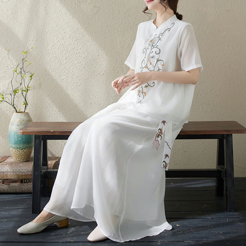 Buddha Stones 2Pcs Flower Embroidery Short Sleeve Tee T-shirt Wide Leg Pants Set