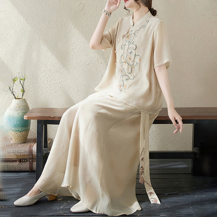 Buddha Stones 2Pcs Flower Embroidery Short Sleeve Tee T-shirt Wide Leg Pants Set - image 7