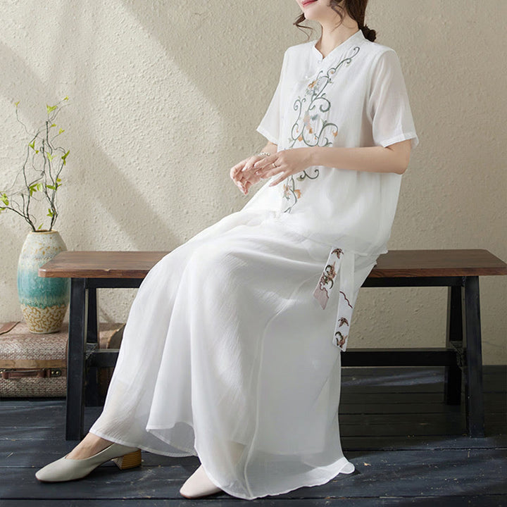 Buddha Stones 2Pcs Flower Embroidery Short Sleeve Tee T-shirt Wide Leg Pants Set - image 14