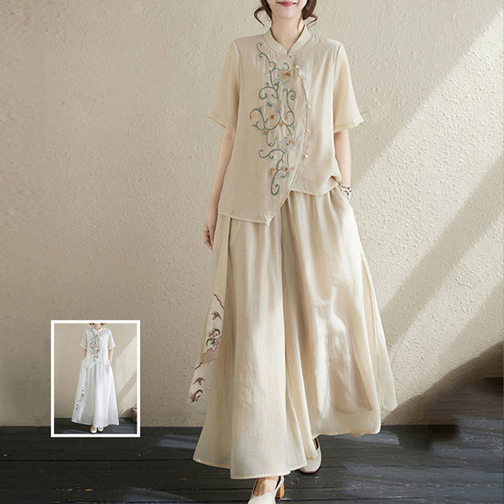 Buddha Stones 2Pcs Flower Embroidery Short Sleeve Tee T-shirt Wide Leg Pants Set - image 8