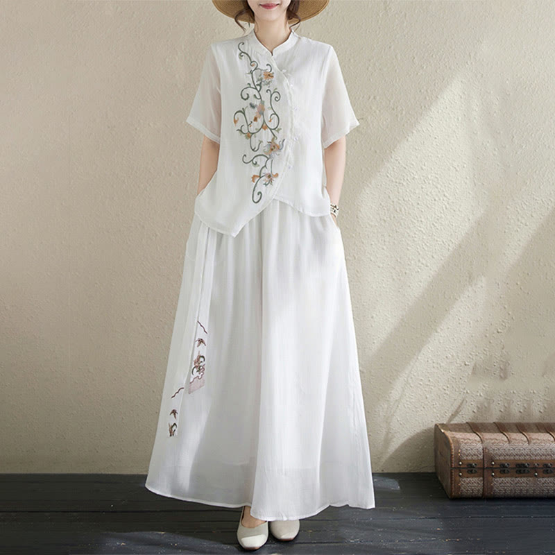 Buddha Stones 2Pcs Flower Embroidery Short Sleeve Tee T-shirt Wide Leg Pants Set - image 15