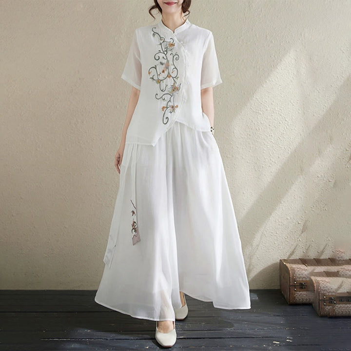 Buddha Stones 2Pcs Flower Embroidery Short Sleeve Tee T-shirt Wide Leg Pants Set