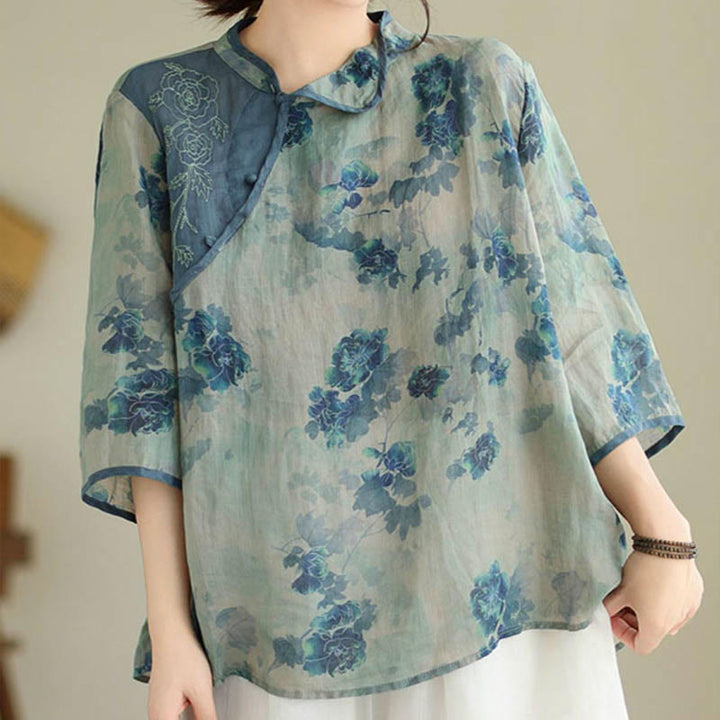 Buddha Stones Blue Jacaranda Flower Design Three Quarter Sleeve Ramie Linen Shirt