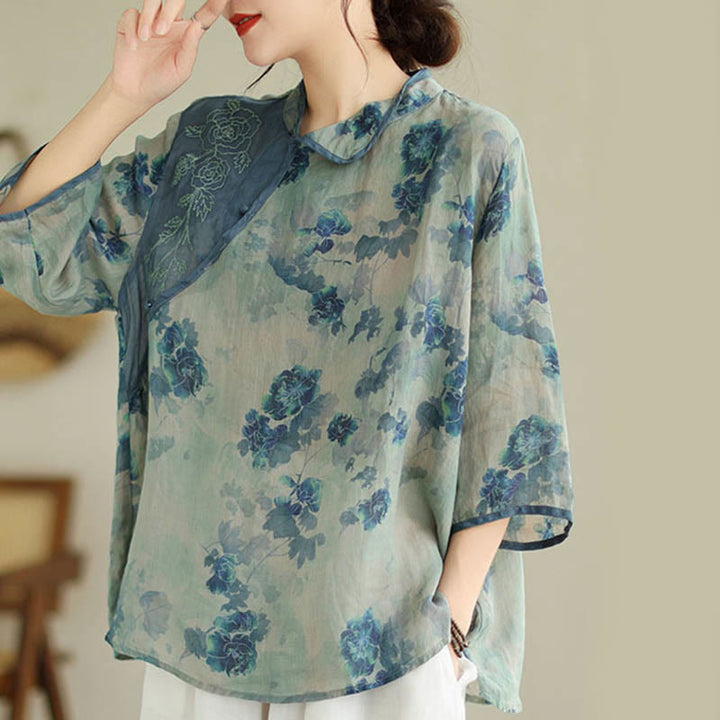 Buddha Stones Blue Jacaranda Flower Design Three Quarter Sleeve Ramie Linen Shirt