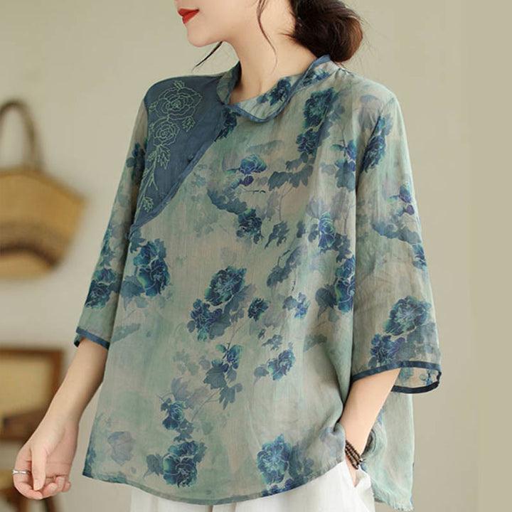 Buddha Stones Blue Jacaranda Flower Design Three Quarter Sleeve Ramie Linen Shirt