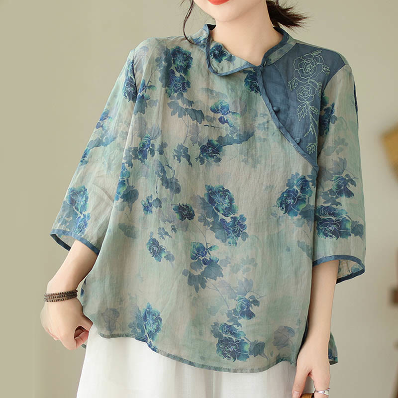 Buddha Stones Blue Jacaranda Flower Design Three Quarter Sleeve Ramie Linen Shirt