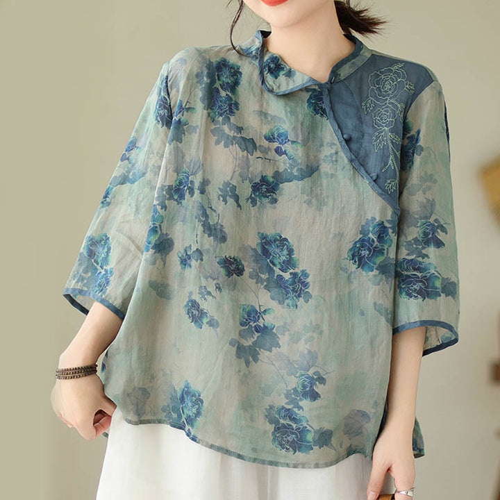 Buddha Stones Blue Jacaranda Flower Design Three Quarter Sleeve Ramie Linen Shirt