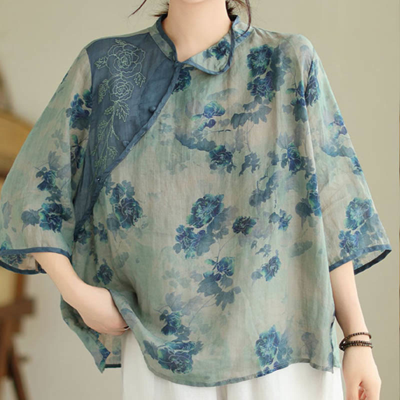 Buddha Stones Blue Jacaranda Flower Design Three Quarter Sleeve Ramie Linen Shirt